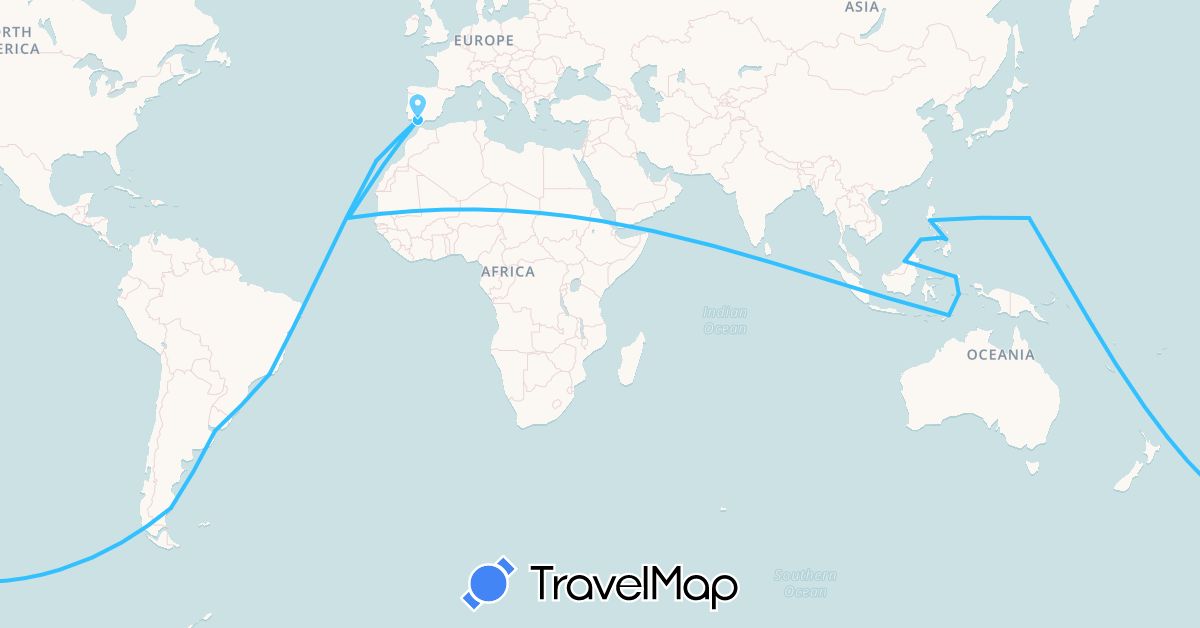 TravelMap itinerary: boat in Argentina, Brunei, Brazil, Cape Verde, Spain, Indonesia, Northern Mariana Islands, Philippines, East Timor (Africa, Asia, Europe, Oceania, South America)
